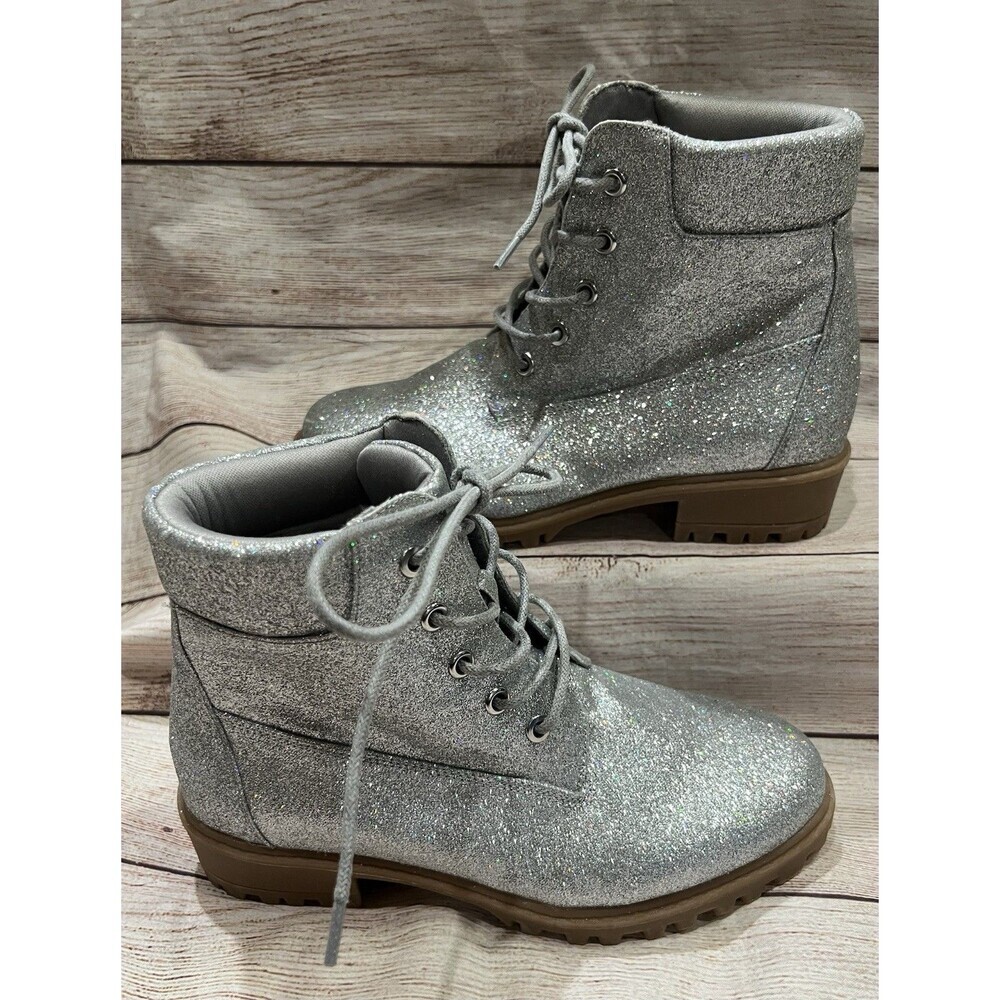 Mia Everly K Silver Glitter Tie Up Boots Kids 5 Women’s 7